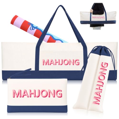 3 Pcs Extra Long Mahjong Bag Set 37 Inch Canvas Carry Tote Bag for Full Set Drawstring Rack Pusher Storage Sleeve Zippered Tile Pouch for Tiles Rack Mat Accessories(Dark Blue,Classic) - color: Navy Blue