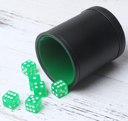 Faux Leather Dice Cup Set, Soft Velvet Interior Dice Cup Shaker Quiet with 6 Green Translucent Dice for Liars Dice/Farkle/Yahtzee Games, 1 Pack - color: Green#b