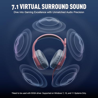 EKSA E1000 V2 Gaming Headset, PC Headset with USB C Plug, Wired Headphones with Noise Canceling Microphone, 7.1 Surround Sound, RGB Light, include USB Adapter for Computer,Mac, PS4/PS5 Console, Laptop - color: Pink