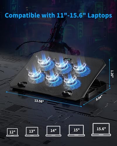 AICHESON Laptop Cooling Pad for 12-15.6 Inch, 6 Cooler Fans, Blue Lights | Laptop Cooling Stand with 2 USB Ports, Adjustable Heights Base