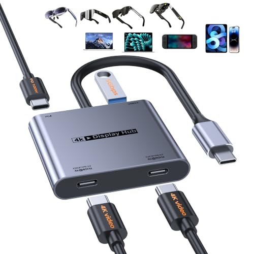 Dual USB-C Display Hub for AR Glasses & Switch 2, 4K@60Hz,100W,5Gbps USB3.0 | 4-in-1 AR Glasses Hub, Charge & Play On the Go for Switch, Steam Deck, Laptops, Portable Monitors and Type-C Displays