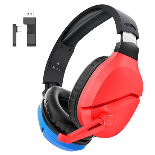 WolfLawS Wireless Gaming Headset with Mic for PS5 PC PS4, Blue and Red | 2.4G/Bluetooth Gaming Headphones, Noise Canceling Microphone, USB & Type-C Connector, Wired Mode for Controller - color: Blue and Red