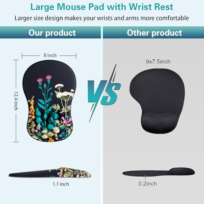 Canjoy Mouse Pad with Wrist Rest, Ergonomic Wrist Support with Massage | Ergonomic Massage Design & Relax and Relieve Fatigue & Non-Slip & PU Base, Comfortable Computer Mousepad for Office Home - color: Flowers & Weeds