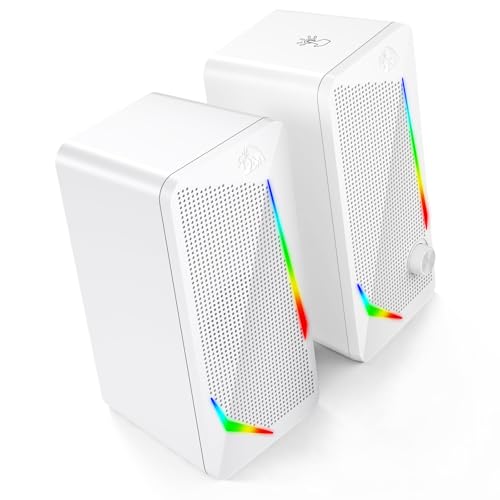 Redragon GS510 RGB Desktop Speakers, 2.0 Channel PC Computer Speaker with 4 Colorful LED Backlight Modes, Enhanced Bass and Easy-Access Volume Control, USB Powered w/ 3.5mm Cable, White - color: White