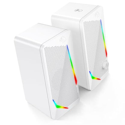 Redragon GS510 RGB Desktop Speakers, 2.0 Channel PC Computer Speaker with 4 Colorful LED Backlight Modes, Enhanced Bass and Easy-Access Volume Control, USB Powered w/ 3.5mm Cable, White - color: White