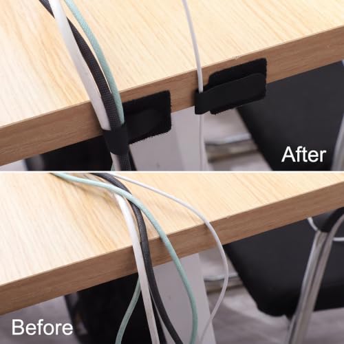 100 Pcs Cable Management Under Desk, Hook and Loop Cable Straps, Black | Strong Adhesive Backing, Residue-Free Removal, Adjustable Cable Ties for Home, Office, and TV, Computer, Vehicle Use - color: Black