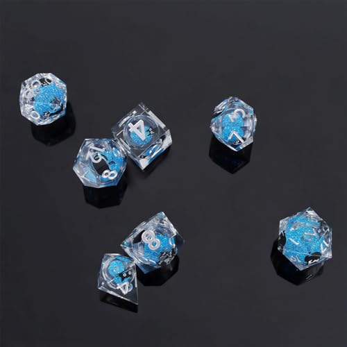 Liquid Core Dice,Cat DND Dice Set with Box,7Pcs Resin Dungeons Dragons D and D Dice, Sharp Edge Role Playing Game Dice D20 D12 D10 D8 D6 D4. (Blue) - color: Blue