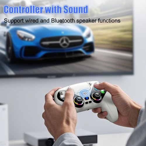 Gamrombo LED Wireless Controller for PS5, Compatible with PS5 Pro/Slim/PC, Dual Vibration, Macro/Turbo Function, 3.5mm Audio Jack, 6-Axis Motion Control Gamepad with Speaker(Black+White)