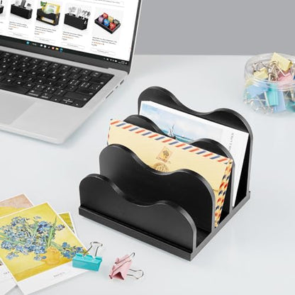 DRASTAR Mail Organizer Countertop, Letter Holder for Desk, Mail Sorter with 3 Slots, Black Small File Holder, Envelope Organizer for Home Office