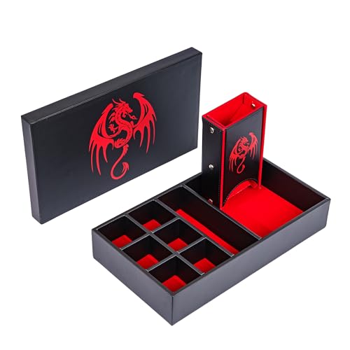 4-in-1 D&D Storage Dice Box Portable Rolling Tray for Tabletop Games | Magnetic, Pu Leather Material, Dice Storage, Rolling Tray and Tower, RPG Accessory, for Role Playing Games Board Games - color: Red