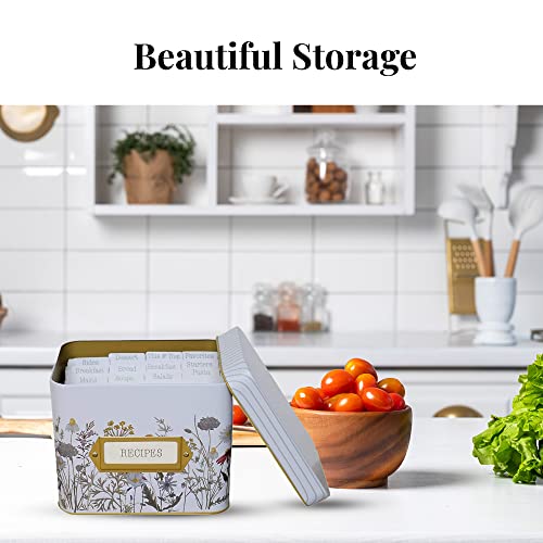 SENSORY4U Tin Recipe Box Holder With Cards - Wildflower Print - Includes 100 4X6 Cards and 12 Dividers - Beautiful Decorative Tin Box Flower Gift