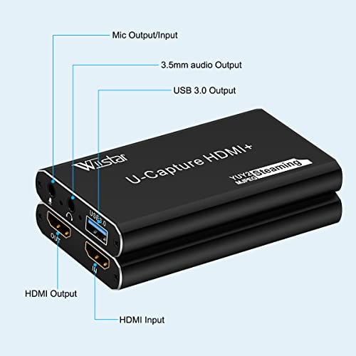 4K Audio Video Capture Card, Recording Card with Microphone HDMI Loop-Out，HDMI to 1080P USB 3.0 for Gaming Streaming TV Recorder, Live Streaming Broadcasting