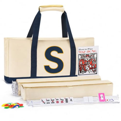 ADAH American Mahjong Set with 166 Tiles, 4 All-in-One Rack/Pushers, Premium Melamine Scratch-Resistant Tiles, Embroidered Blue Travel Case – Complete Mahjong Game Set with Chips, Dice & Instruction