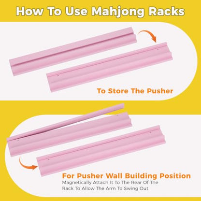 Pink Wooden Mahjong Racks with Pushers 19.68 Inch, Solid Beechwood American Mahjong Tile Holders Set of 4, Strong Magnetic Pushers, Durable Wooden Mahjong Accessories with Storage Bag