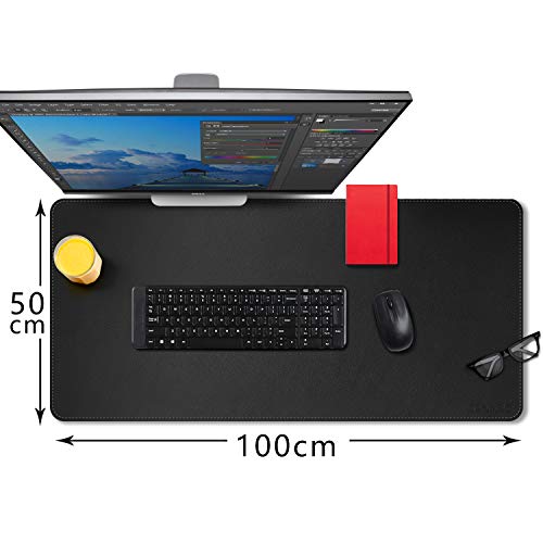 CENNBIE Leather Desk Mat Protector, 39.3" x 19.6" Large Mouse Pad(Black) | Premium stitched edges resist wear. Easy to clean. Protects desk from spills, stains ,scratches. Smooth glide. Office & home. - color: Black, size: 39.3" x 19.6"