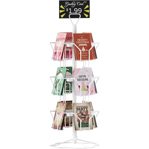 ORLESS Greeting Card Rack Display Stand, 3 Tier Rotating Card Holder Display Retail, 12 Pocket Metal Postcard Holder Display Stand, Greeting Card Holder for Postcards, Brochures, Stickers, Showcase(White) - color: White