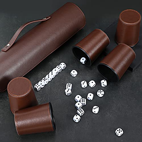 2-Pack Leather Dice Cup Set, 10 Brown Cups, 50 Dice with 2 Storage Cases | PU leather dice set with 5 felt-lined cups, 25 dice and storage case for Liar’s Dice, craps, backgammon and party games - color: Brown X2