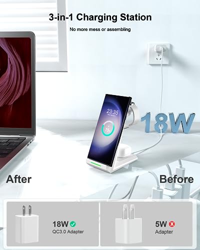 Wireless Charging Station for Samsung - NANAMI 3 in 1 Wireless Charger for Multiple Devices, Fast Charger Stand for Galaxy S25 S24 S23 Ultra S22 S21 Z Flip Fold 4,Watch 6/5/5 Pro/4/3,Galaxy Buds 2 Pro | Charger Stand for Galaxy S26 S25 S24 S23 S22 Z Flip