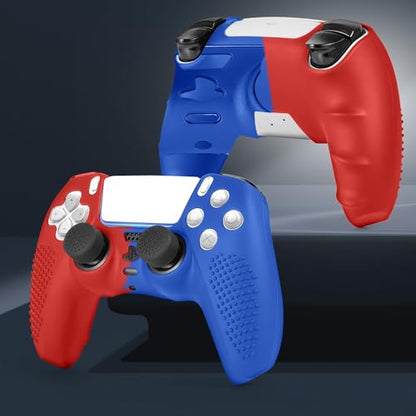 PS5 Controller Skin, Anti-Slip Soft Silicone Protective Cover Case for PlayStation 5 Controller Grip Accessories, 2 Pack with 8 x Thumb Grip Caps (Red Mix Blue) - color: Red Mix Blue