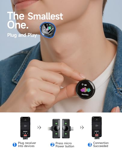 Wireless Lavalier Microphone for iPhone: 𝟖𝟎H with Charging Case | Microphone for iPhone & Android -30dB Noise Reduction - Plug & Play - Mini Mic for Vlogging TikTok YouTube - color: Black