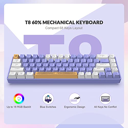ZIYOU LANG RK-T8 Wired 65% Mechanical RGB Gaming Keyboard-White/Purple | Rainbow Backlit,Anti-ghosting,TKL,Mini 68 Key,Custom Coiled C to A Cable,Tactile Blue Switch for PS4 PS5 Xbox PC Mac Gamer - color: White Purple, size: 65% Keyboard
