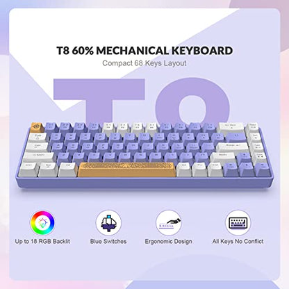 ZIYOU LANG RK-T8 Wired 65% Mechanical RGB Gaming Keyboard-White/Purple | Rainbow Backlit,Anti-ghosting,TKL,Mini 68 Key,Custom Coiled C to A Cable,Tactile Blue Switch for PS4 PS5 Xbox PC Mac Gamer - color: White Purple, size: 65% Keyboard