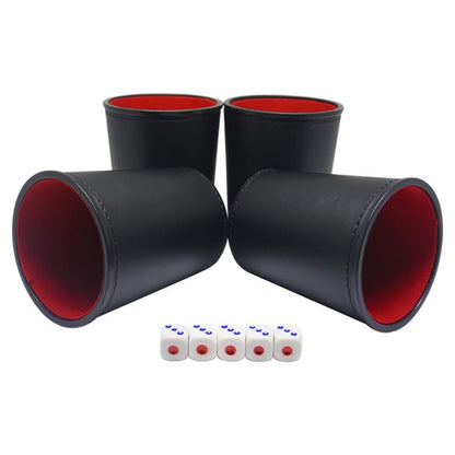 Leather Dice Cup, Quite Felt-Lined Interior, 6 Shaker Cups and 30 Dot Dices, one Carry Bag (Black and Red) - color: Black and Red