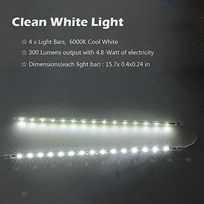 LED Display Light Bar Kit - (4) 16inches Plug-in Linkable Strip Lights for Large Display Cabinet - Series + Parallel Connection - White 6000K | 6000K White Ultra Thin Light Bar for Curio Cabinet, Bookshelf, Store Display Case. End-to-End Linkable, Low Hea