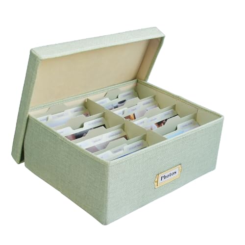 Linen Photo Storage Box – Holds 1700 Photos, Photo Organizer with Lid for Photo, Pictures, 24 Adjustable Dividers & 72 Labels Multi-Use Organizer Memory Box for Envelopes, Baby, Wedding, Cards Green - color: Green