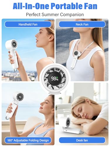 AI Handheld Fan Turbo, 100-Speed Portable Fan Rechargeable, Mini Fan with 12800 RPM Strong Airflow, Foldable 4-in-1 Personal Fan for Travel, Camping, Beach & Office, USB-C & Lightweight & Quiet - color: White