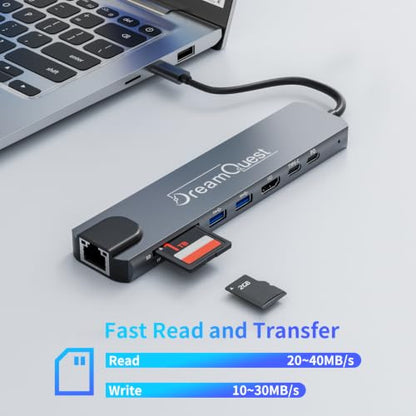 DreamQuest USB C Hub 8-in-1 with 4K@60Hz HDMI, max 100W PD, USB 3.0/2.0, SD/TF Card Reader,100Mbps LAN Port– Compatible with Desktops, Laptops, Xbox, Flash Drives, Consoles, Printers