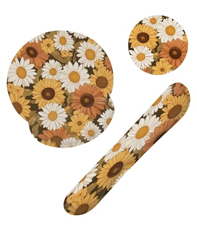 Vintage Daisy Sunflower Mouse Pad with Wrist Rest and Keyboard Wrist Rest Set, Non-Slip Rubber Base Memory Foam Mouse Pad Set for Women, Office Desk Accessories, Gaming - color: Vintage Daisy Sunflower