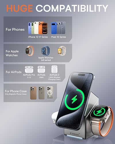ZEEHOO 3 in 1 Charging Station for Apple, Mag-Safe for iPhone Charger, Qi2 Certified Rotating Wireless Charger Stand for iPhone 17,16,15,14,13,12 Series, Apple Watch, AirPods (USB-C Charger Included) - color: Metal Gray