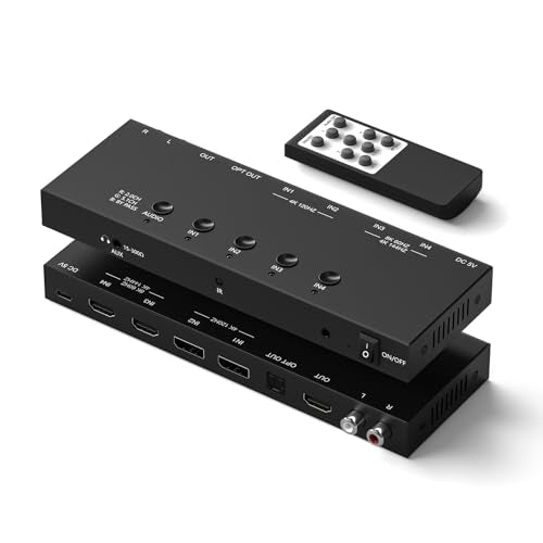 4Port HDMI Switcher 8K@60Hz (4In-4Out) 4* HDMI in-HDMI/Optical Digital Audio/Analog L/R Stereo Audio /3.5mm AUX Headphone Out- with Remote Remote Control and an Audio Power Button