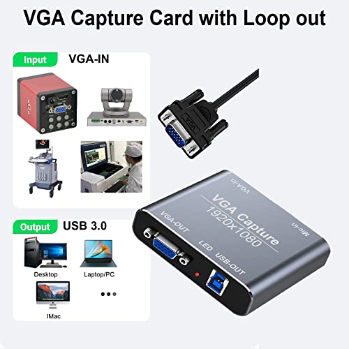 VGA Capture Card, VGA to USB Capture Device with VGA Loopout, Mic Input Support HD 720P Video for Gaming, Streaming, Teaching, Video Conference, Live Broadcasting - color: Grey