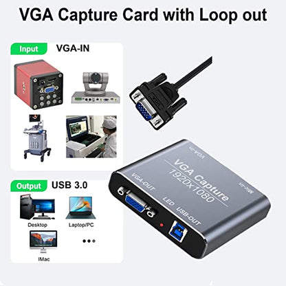VGA Capture Card, VGA to USB Capture Device with VGA Loopout, Mic Input Support HD 720P Video for Gaming, Streaming, Teaching, Video Conference, Live Broadcasting - color: Grey