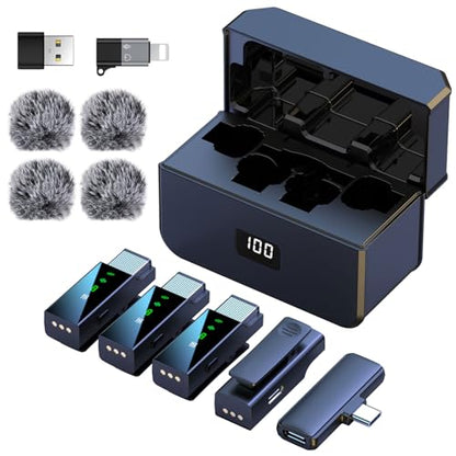 Pro 4 Wireless Lavalier Lapel Microphone System for iPhone Android Phone PC Laptop with USB C/Lightning, 48KHz 24Bit, 30H Battery,Reverb,Noise Cancelling for Video Recording Podcast Stream Vlog - style: 4TX+1RX+Charging Case