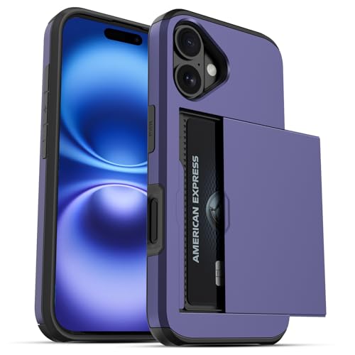 Jiunai for iPhone 16 Case Wallet Holds 2 Cards Slide Card Pocket Purple | Pocket for IDs Credit Access Cards License, Shockproof Protective Phone Cover for iPhone 16 6.1" Women Men Teen School Work - color: Purple, size: for iPhone 16 6.1''