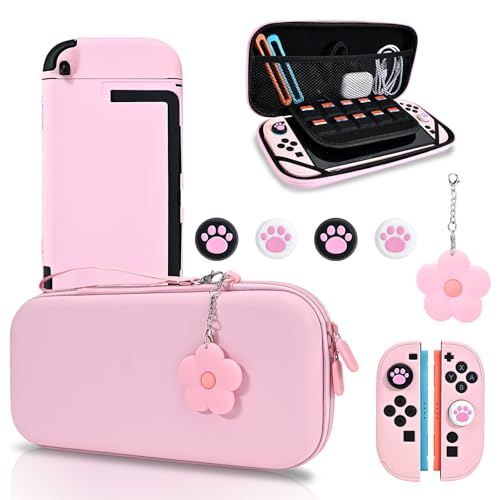 DLseego Storage Carrying Case for Nintendo Switch 2 2025 Accessories Set, 10 Game Card Slots Cute Protective, 1 Hard PC Case, 1PC Flower Blossom Chain, 4 Thumb Grips, Slim & Portable - Pink - color: Pink, size: Switch 2 7.9inch
