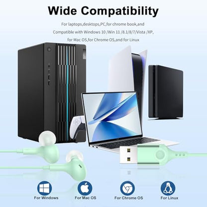 USB Earbuds with Microphone for PC Laptop,Wired USBA Headset with Mic in Ear Buds Noise Isolating Light Laptop Earphones Headphones for Dell HP Surface Computer Office Zoom Work Gaming School,Green - color: Green