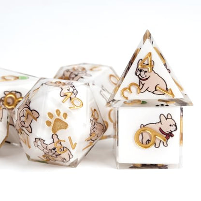 DND Dice Set 7-Pcs, Sharp Edge Cute Dog Style Resin Dice Polyhedral Resin Sharp Edge Dice for Roleplaying Games Dungeons and Dragons RPG MTG Table Games（Golden Retriever） - color: White, style: French Bulldog