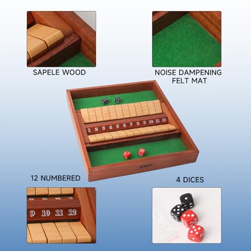 GSE 2-Player Wooden Shut The Box 12 Numbers, 12 Spots Dice Game with 4 Dice | Fun Educational Math Game, Addition Training, For Kids & Adults, Family Game Night, Classes, Parties, Bars, Travel, Camping