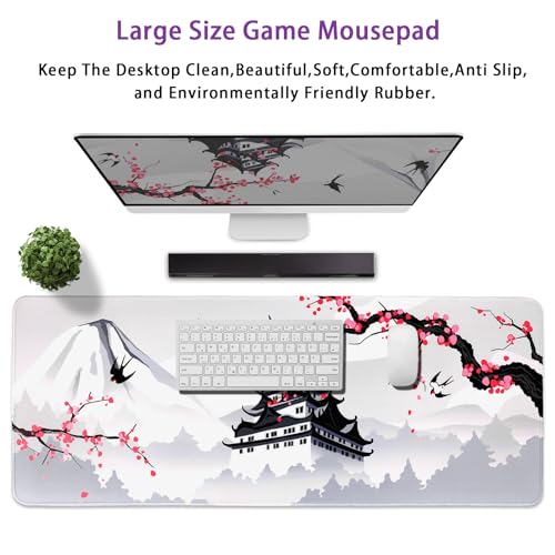 Japanese Cherry Blossom Gaming Mouse Pad 31.5x11.8in Pink Full Desk Japanese Sakura Gaming Mouse Pad Large Non-Slip Rubber Base Waterproof Big Keyboard Mat with Stitched Edges for Game Office - color: Japanese Cherry Blossom, size: 31.5" x 11.9"
