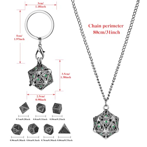 Mini DND Dice Set with Hollow D20 Metal Case Portable Keychain Necklace, Tiny 7pcs Polyhedral D&D Dice Set, DND Gifts with Gift Box, D&D Accessories for RPG（Green Diamond, Silver） - color: Dark Silver