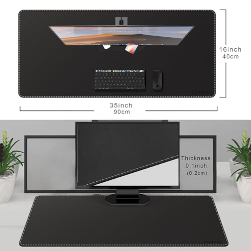 CENNBIE Leather Desk Mat Protector, 35.5" x 16" Office Desk Pad (Black) | Premium stitched edges resist wear. Easy to clean. Protects desk from spills, stains ,scratches. Smooth glide. Office & home. - color: Black, size: 35.5" x 16"