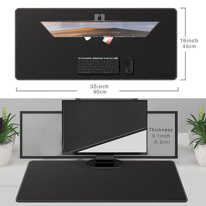 CENNBIE Leather Desk Mat Protector, 35.5" x 16" Office Desk Pad (Black) | Premium stitched edges resist wear. Easy to clean. Protects desk from spills, stains ,scratches. Smooth glide. Office & home. - color: Black, size: 35.5" x 16"