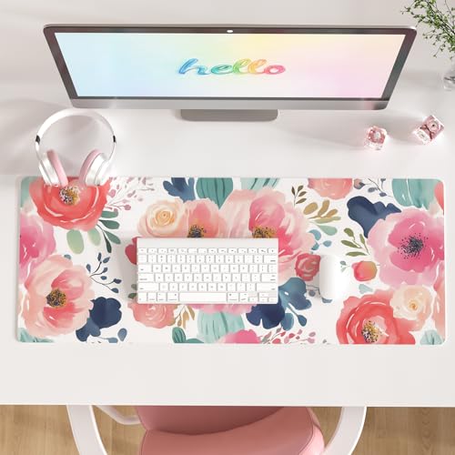 Faux Leather Large Mouse Pad, Office Desk Mat, 31.5"x11.8", Pink Floral | Desk Décor Accessories, Extended Size, Waterproof & Easy to Clean, Smooth Surface, Non Slip Desk Organization - color: Watercolor Pink Flower, size: 31.5L x 11.8W inches