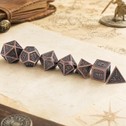 Haxtec Metal DND Dice Set, 7 Pcs Ancient Polyhedral Dice for Table Games | Copper D&D Dice with Leather Bag, Compatible with Dungeons and Dragons, Antique Heavy Metallic, TTRPG Gifts for DND Lovers - color: Copper