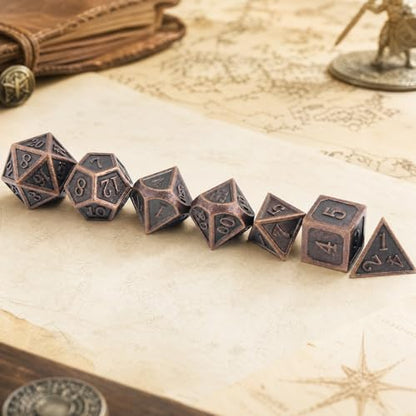 Haxtec Metal DND Dice Set, 7 Pcs Ancient Polyhedral Dice for Table Games | Copper D&D Dice with Leather Bag, Compatible with Dungeons and Dragons, Antique Heavy Metallic, TTRPG Gifts for DND Lovers - color: Copper