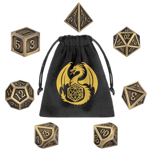Metal Dice Set, 7pcs Polyhedral Metal DND Dice Set, DND Starter Set, D&D Gifts with Gift Bag, Role Playing Board Games Accessories, Bronze - color: Bronze + Gift Bag
